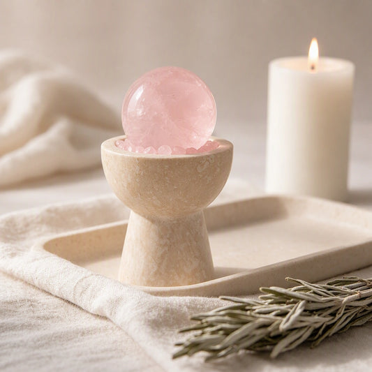 Close-up of the rose quartz crystal sphere chalice with natural stones and travertine details