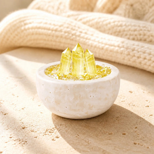 Close-up of the citrine array treasure basin crystal arrangement and textured basin