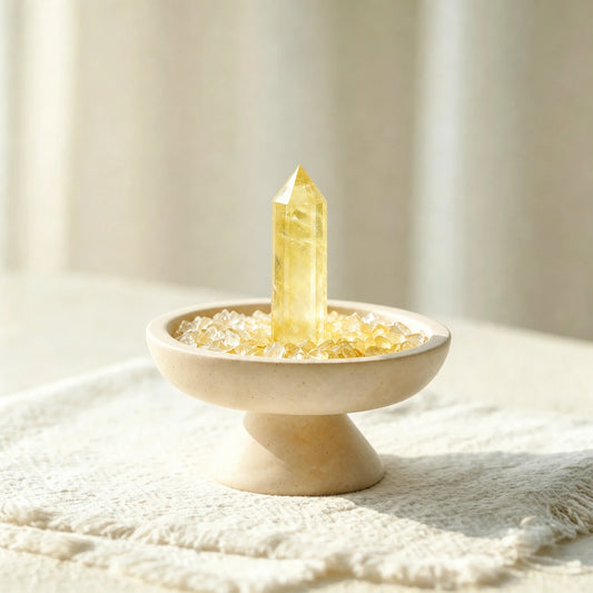 Close-up of the citrine crystal focus vessel with natural stones and travertine details