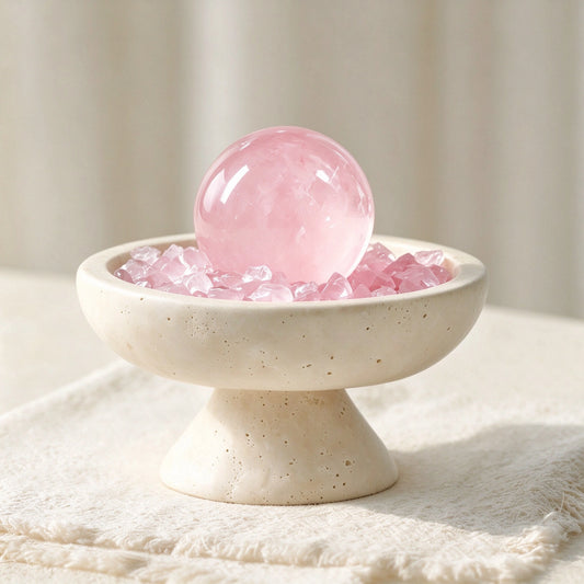 Close-up of the rose quartz crystal sphere with natural stones and travertine details
