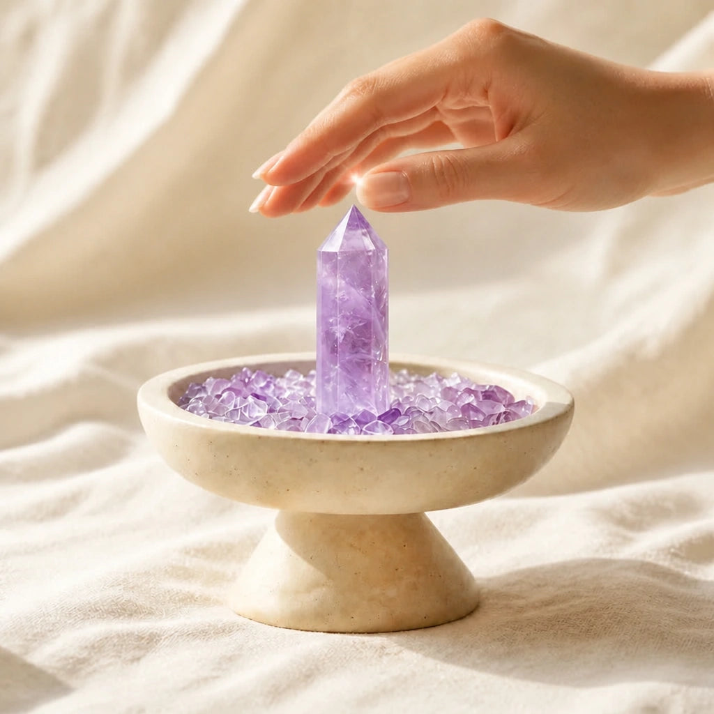 Close-up of the amethyst crystal focus vessel with natural stones and travertine details