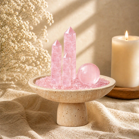 Close-up of the rose luminara vessel crystal arrangement and altar vessel