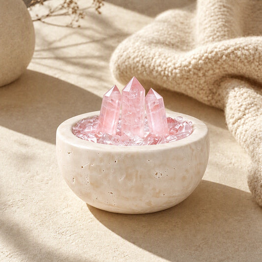 Close-up of the rose array treasure basin crystal arrangement and textured basin