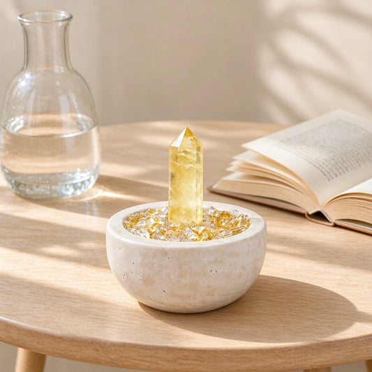 Close-up of the citrine focus treasure basin crystal arrangement and textured basin