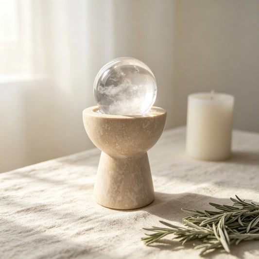 Close-up of the white crystal sphere chalice with natural stones and travertine details