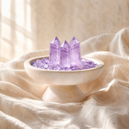 Close-up of the amethyst crystal array vessel with natural stones and travertine details