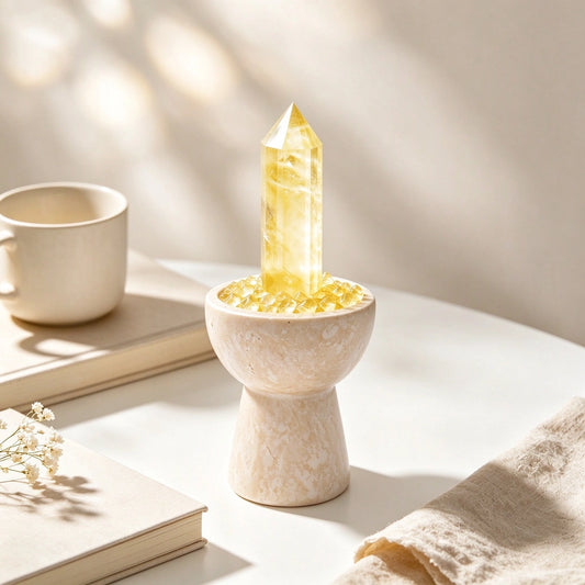 Close-up of the citrine crystal chalice with natural stones and travertine details