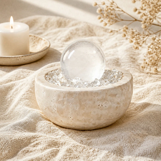 Front view of the clear radiance treasure basin altar vessel with natural crystal decor