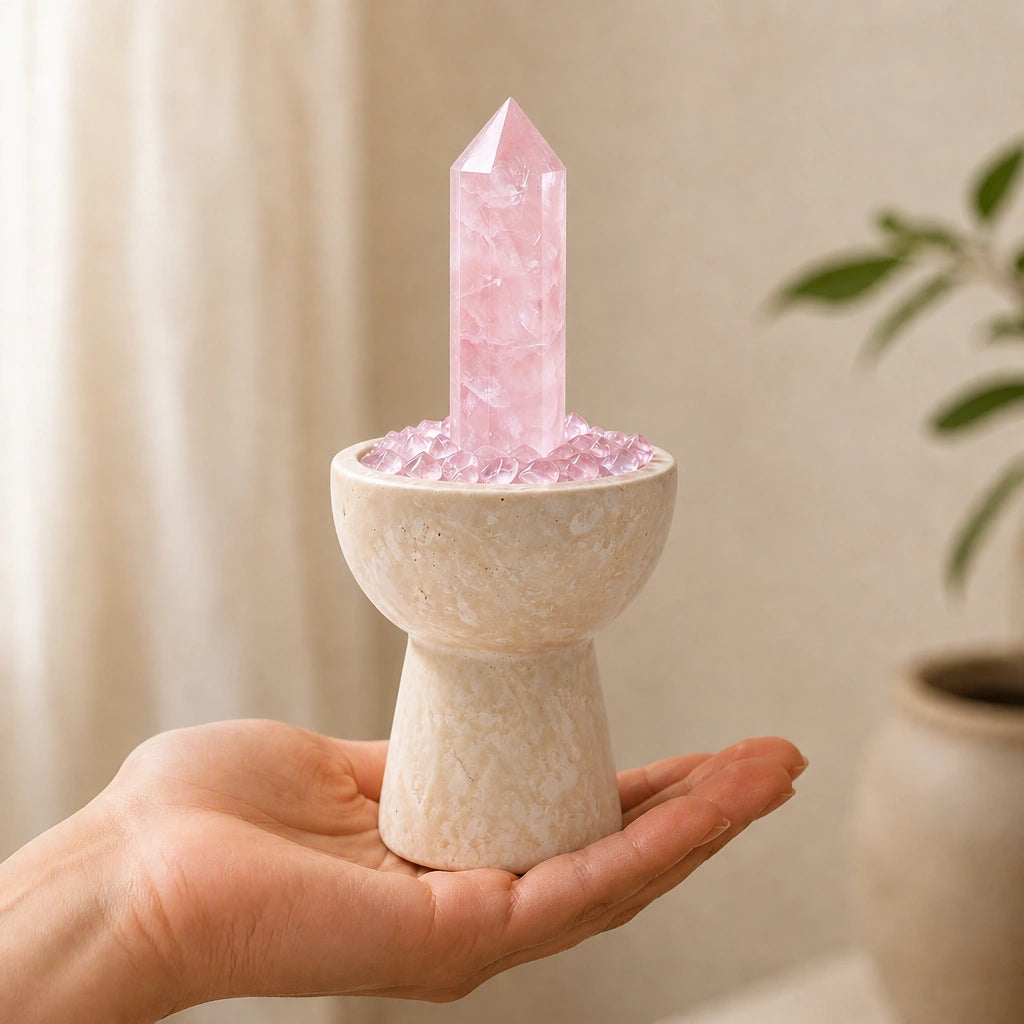 Rose Quartz crystal altar decor with a travertine chalice vessel