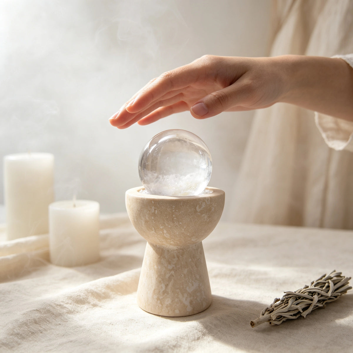 White crystal altar decor with a travertine sphere chalice vessel