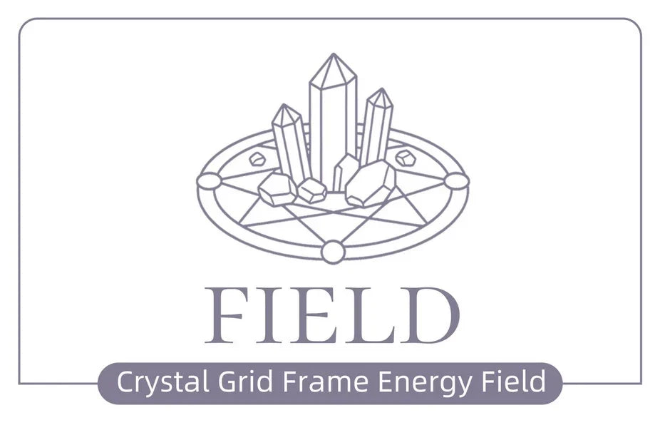 CrystGrid Field collection banner: line drawing of a crystal cluster on a circular sacred-geometry grid