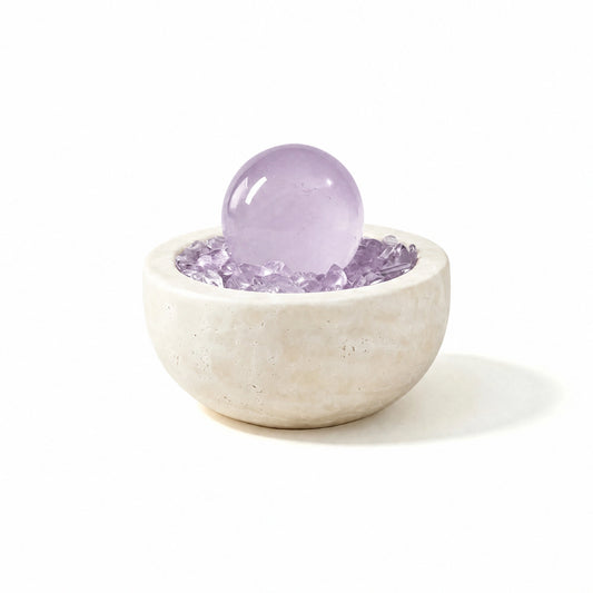 Amethyst Radiance Treasure Basin crystal vessel in a natural stone basin with crystal points