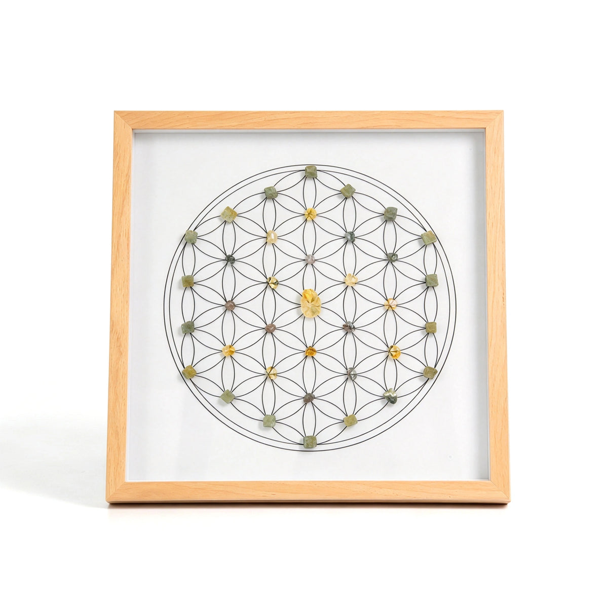 Abundance Grid crystal grid frame with natural crystal elements in an imitation wood setting