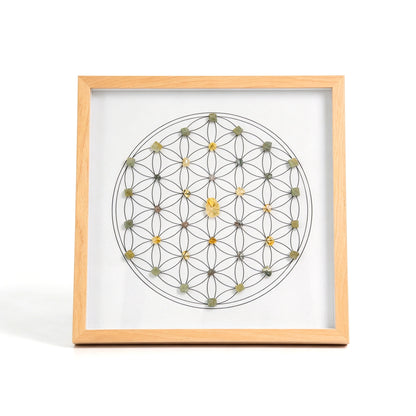 Abundance Grid crystal grid frame with natural crystal elements in an imitation wood setting