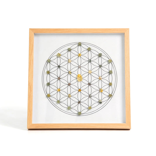Abundance Grid crystal grid frame with natural crystal elements in an imitation wood setting
