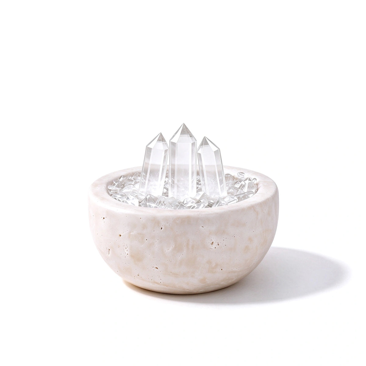 Clear Array Treasure Basin crystal vessel in a natural stone basin with crystal points