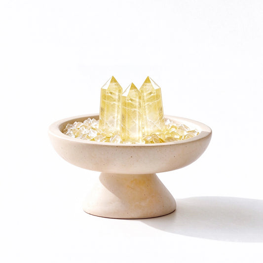 Citrine crystal array plinth vessel with natural crystal pieces on a travertine base