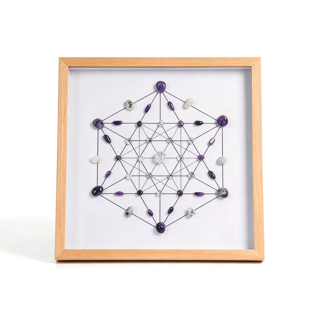 Awaken Grid crystal grid frame with natural crystal elements in an imitation wood setting