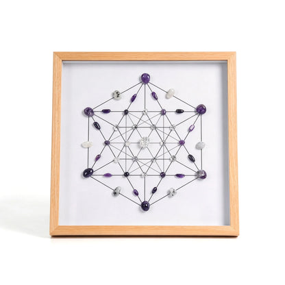 Awaken Grid crystal grid frame with natural crystal elements in an imitation wood setting