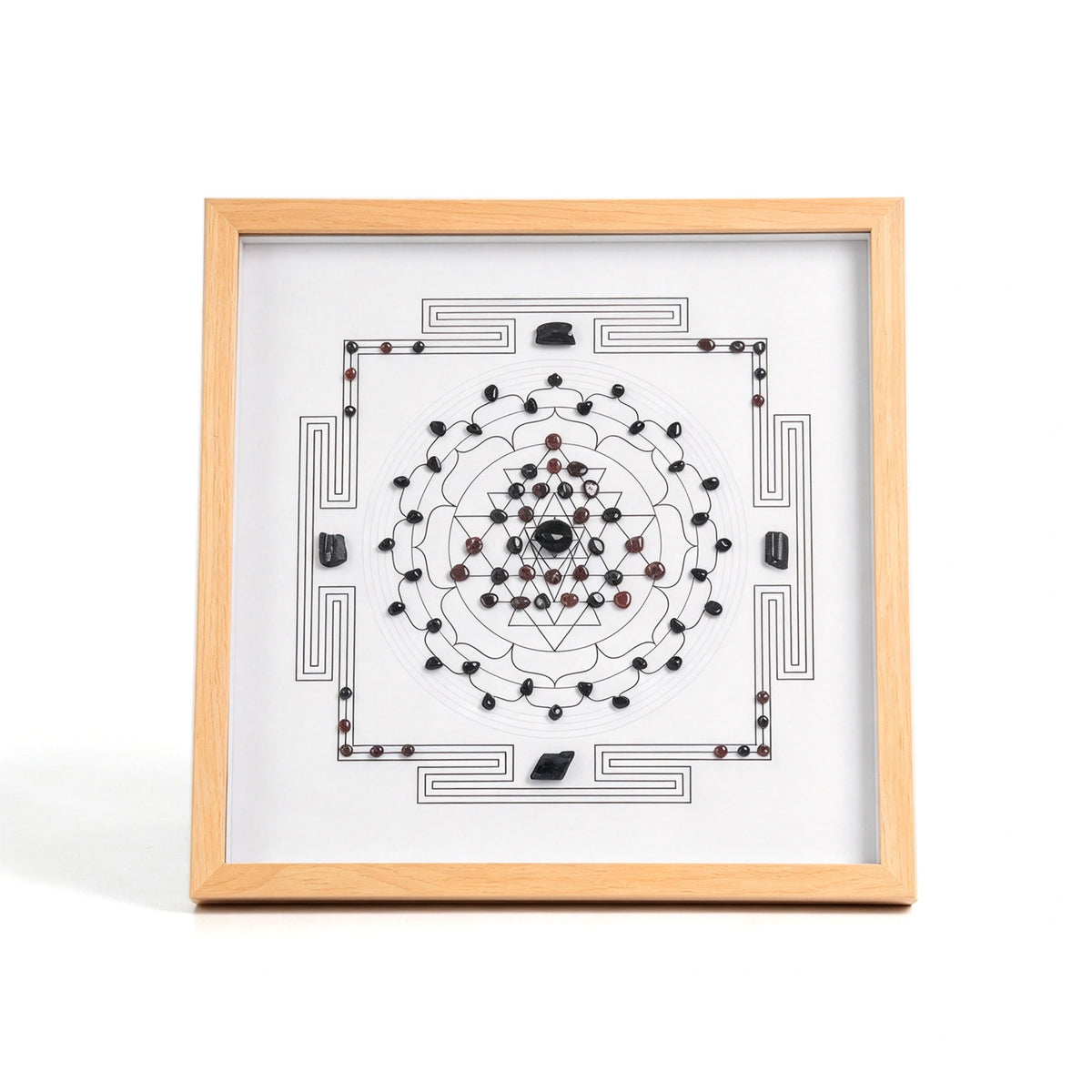 Shield Grid crystal grid frame with natural crystal elements in an imitation wood setting