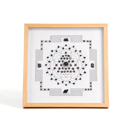Shield Grid crystal grid frame with natural crystal elements in an imitation wood setting