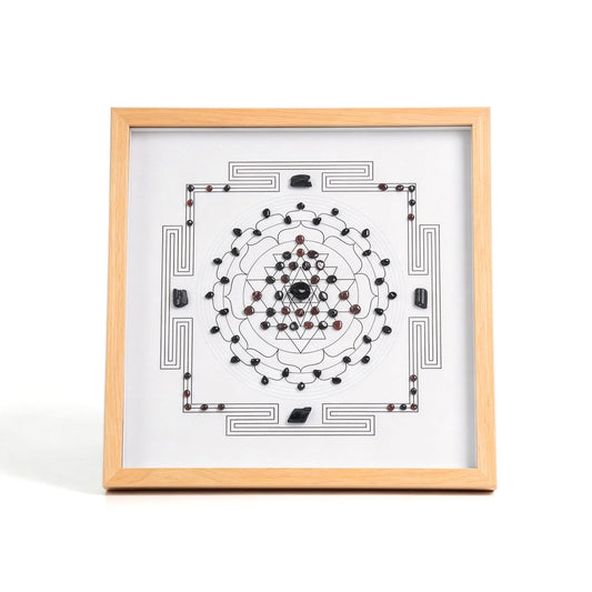 Shield Grid crystal grid frame with natural crystal elements in an imitation wood setting
