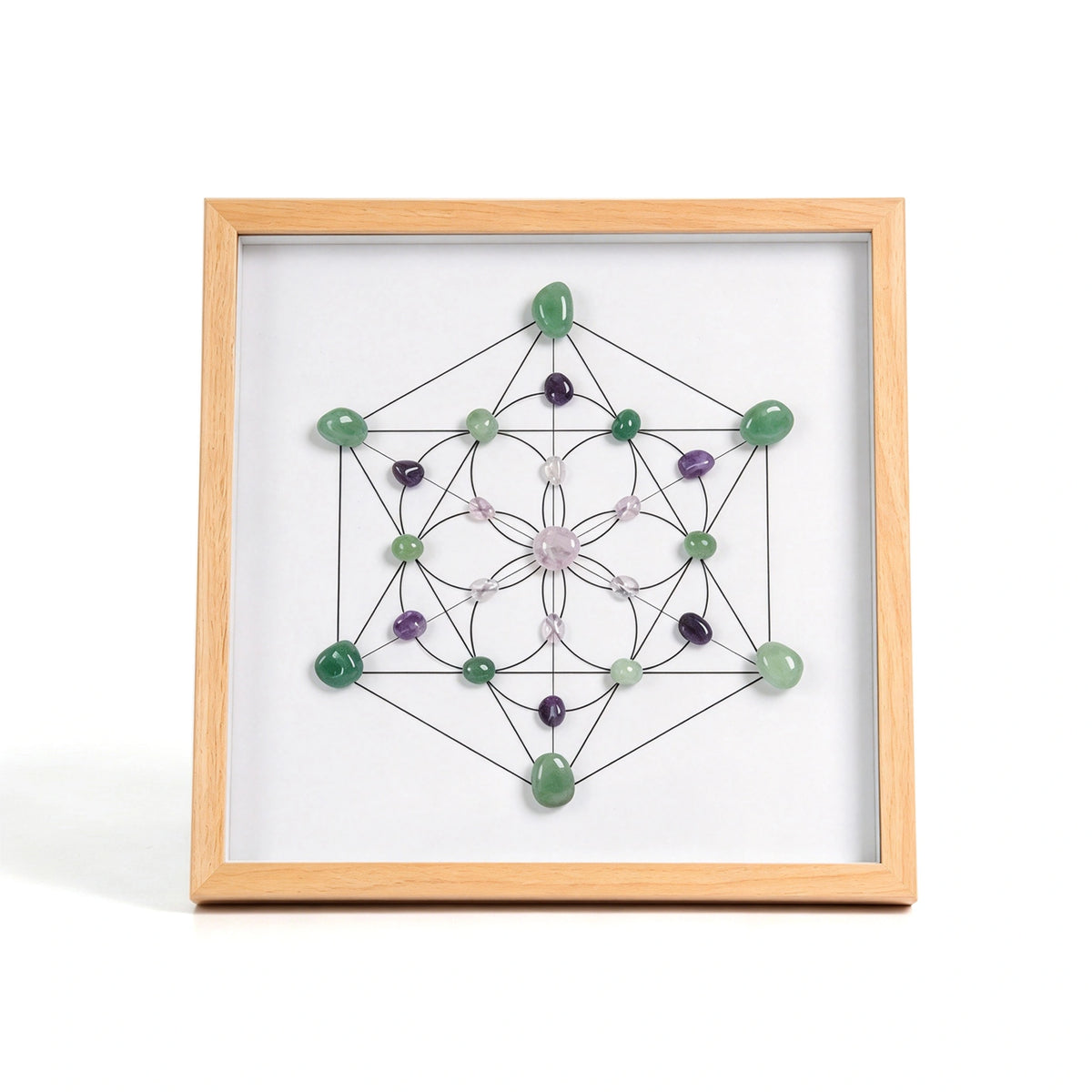 Harmony Grid crystal grid frame with natural crystal elements in an imitation wood setting
