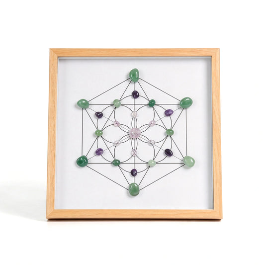 Harmony Grid crystal grid frame with natural crystal elements in an imitation wood setting