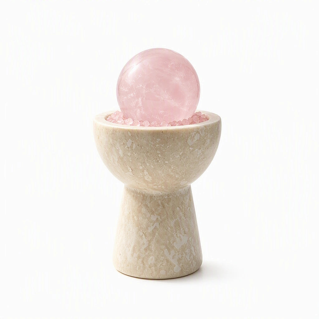 Rose Quartz crystal sphere chalice arranged in a travertine vessel with natural crystal pieces