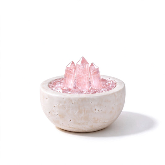 Rose Array Treasure Basin crystal vessel in a natural stone basin with crystal points