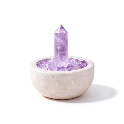 Amethyst Focus Treasure Basin crystal vessel in a natural stone basin with crystal points
