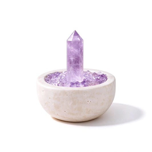 Amethyst Focus Treasure Basin crystal vessel in a natural stone basin with crystal points