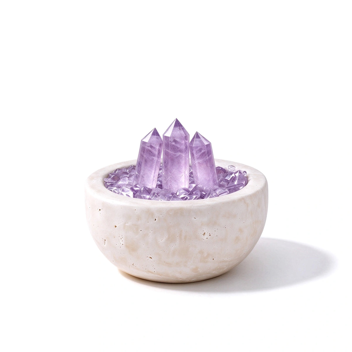 Amethyst Array Treasure Basin crystal vessel in a natural stone basin with crystal points