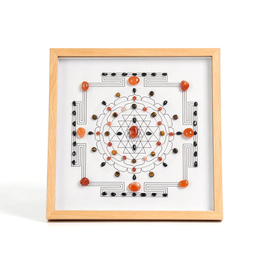 Valor Grid crystal grid frame with natural crystal elements in an imitation wood setting