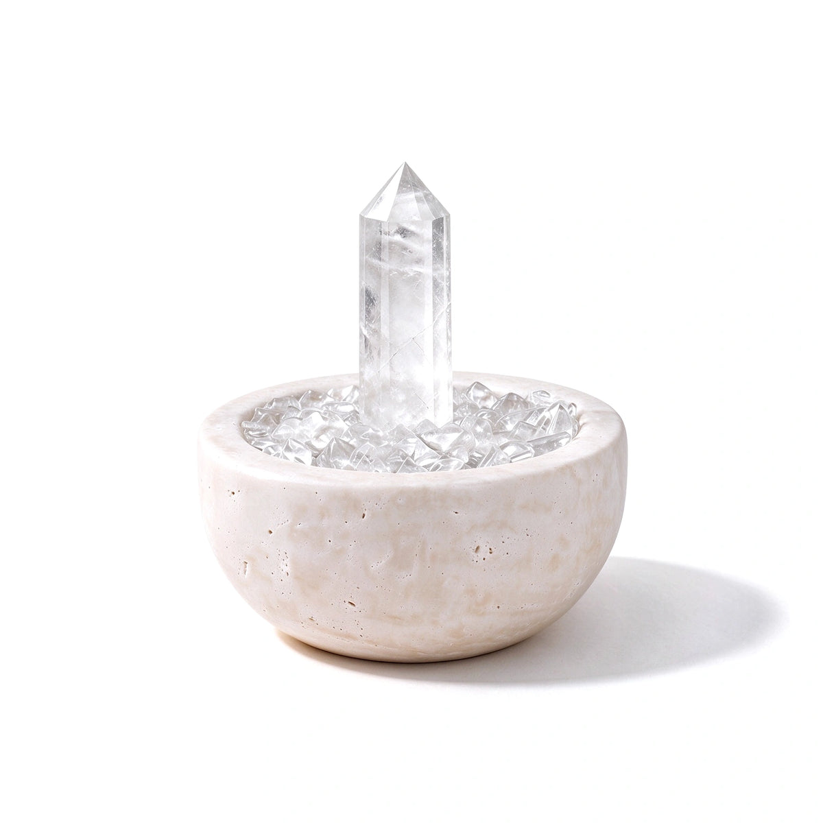 Clear Focus Treasure Basin crystal vessel in a natural stone basin with crystal points