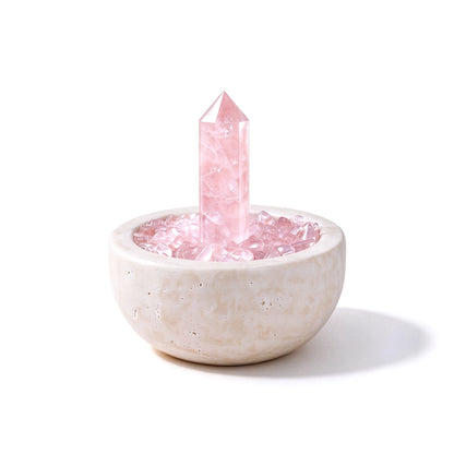 Rose Focus Treasure Basin crystal vessel in a natural stone basin with crystal points