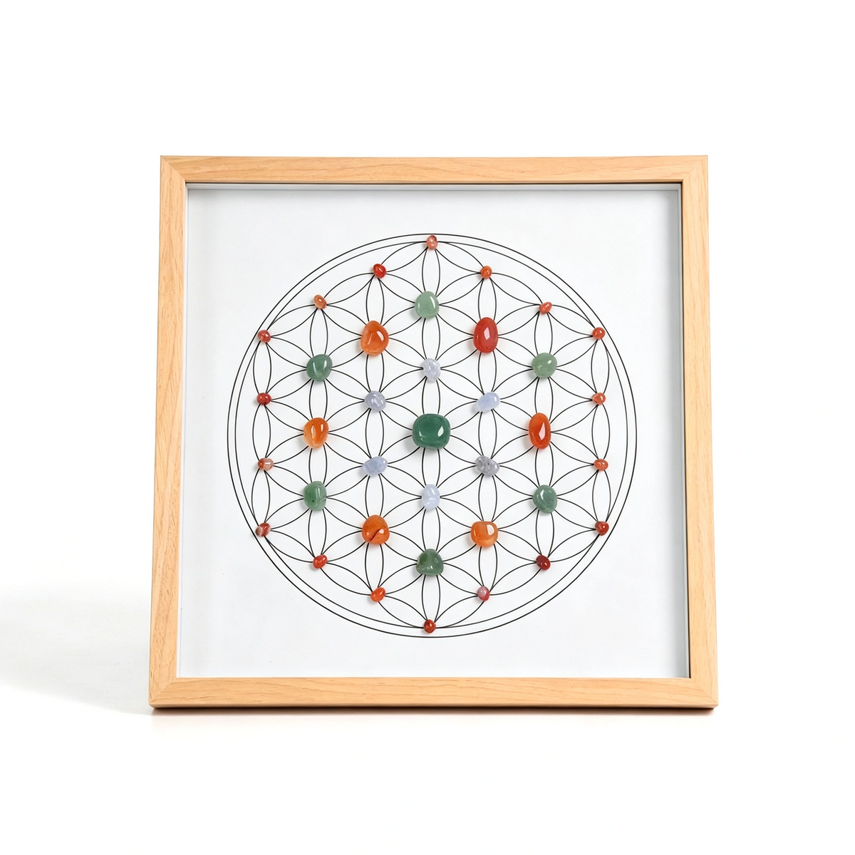 Wellness Grid crystal grid frame with natural crystal elements in an imitation wood setting