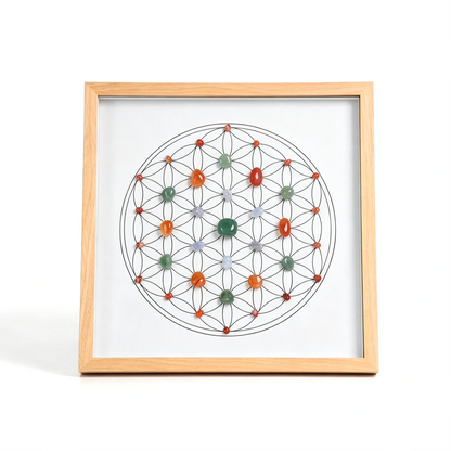 Wellness Grid crystal grid frame with natural crystal elements in an imitation wood setting