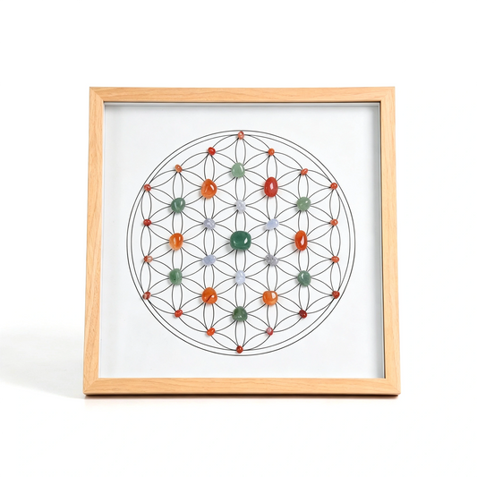 Wellness Grid crystal grid frame with natural crystal elements in an imitation wood setting