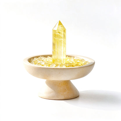 Citrine crystal focus plinth vessel with natural crystal pieces on a travertine base