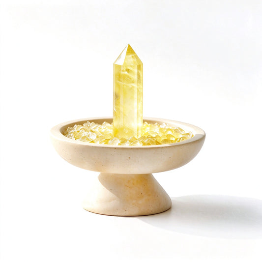 Citrine crystal focus plinth vessel with natural crystal pieces on a travertine base
