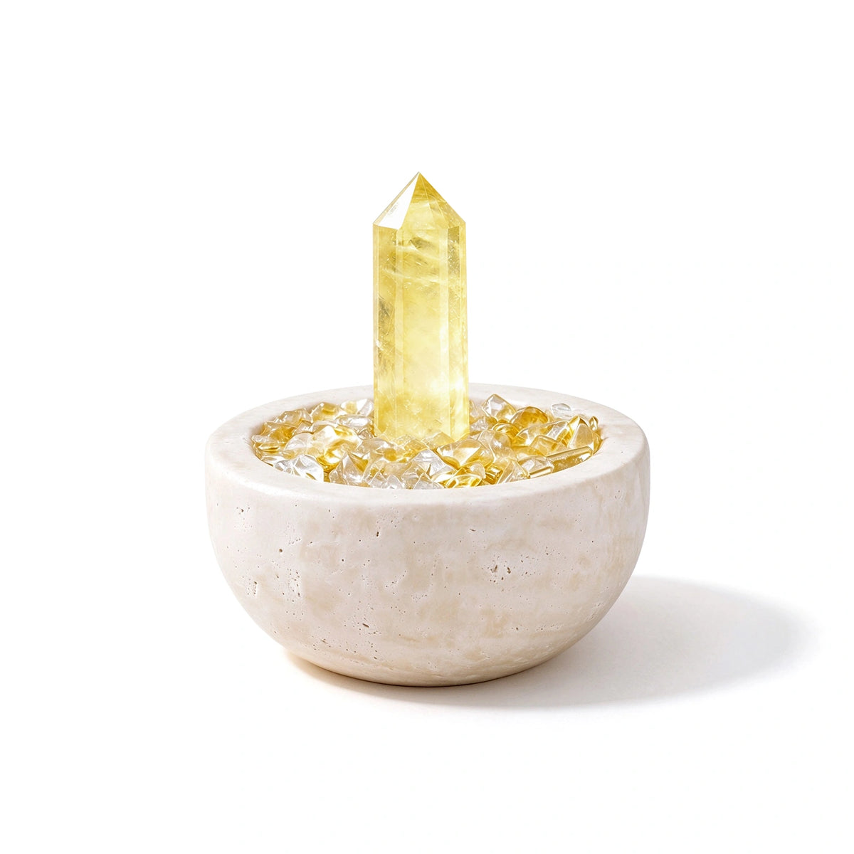 Citrine Focus Treasure Basin crystal vessel in a natural stone basin with crystal points