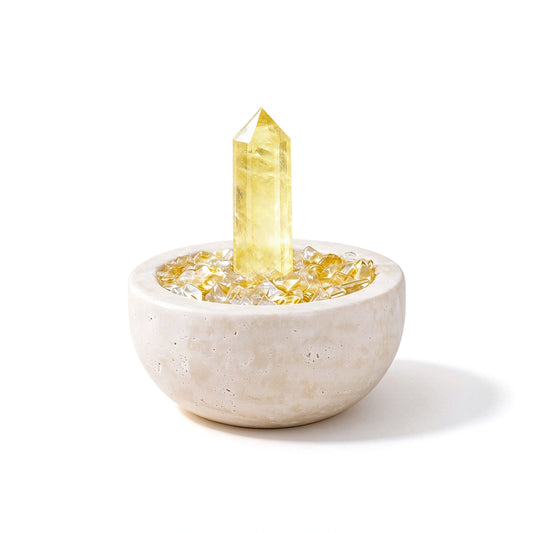 Citrine Focus Treasure Basin crystal vessel in a natural stone basin with crystal points