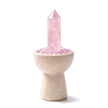 Rose Quartz crystal chalice arranged in a travertine vessel with natural crystal pieces