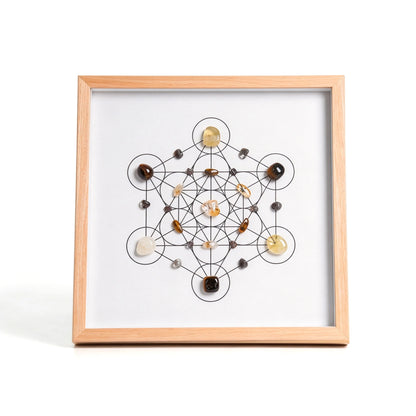 Thrive Grid crystal grid frame with natural crystal elements in an imitation wood setting