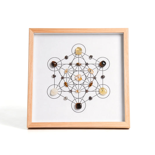 Thrive Grid crystal grid frame with natural crystal elements in an imitation wood setting