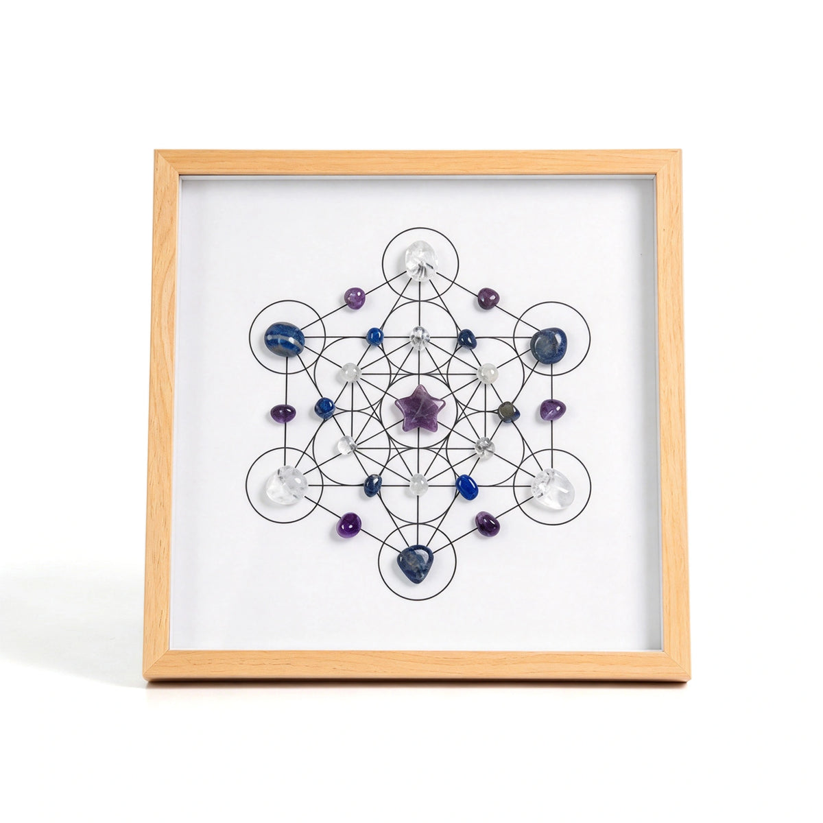 Ascend Grid crystal grid frame with natural crystal elements in an imitation wood setting