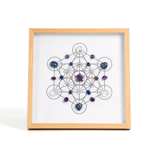 Ascend Grid crystal grid frame with natural crystal elements in an imitation wood setting