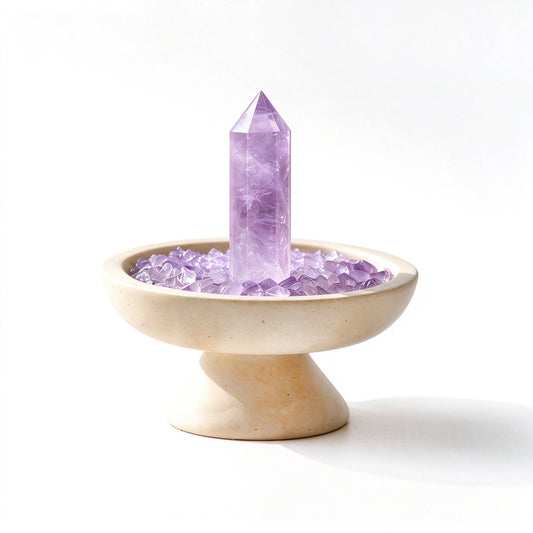 Amethyst crystal focus plinth vessel with natural crystal pieces on a travertine base