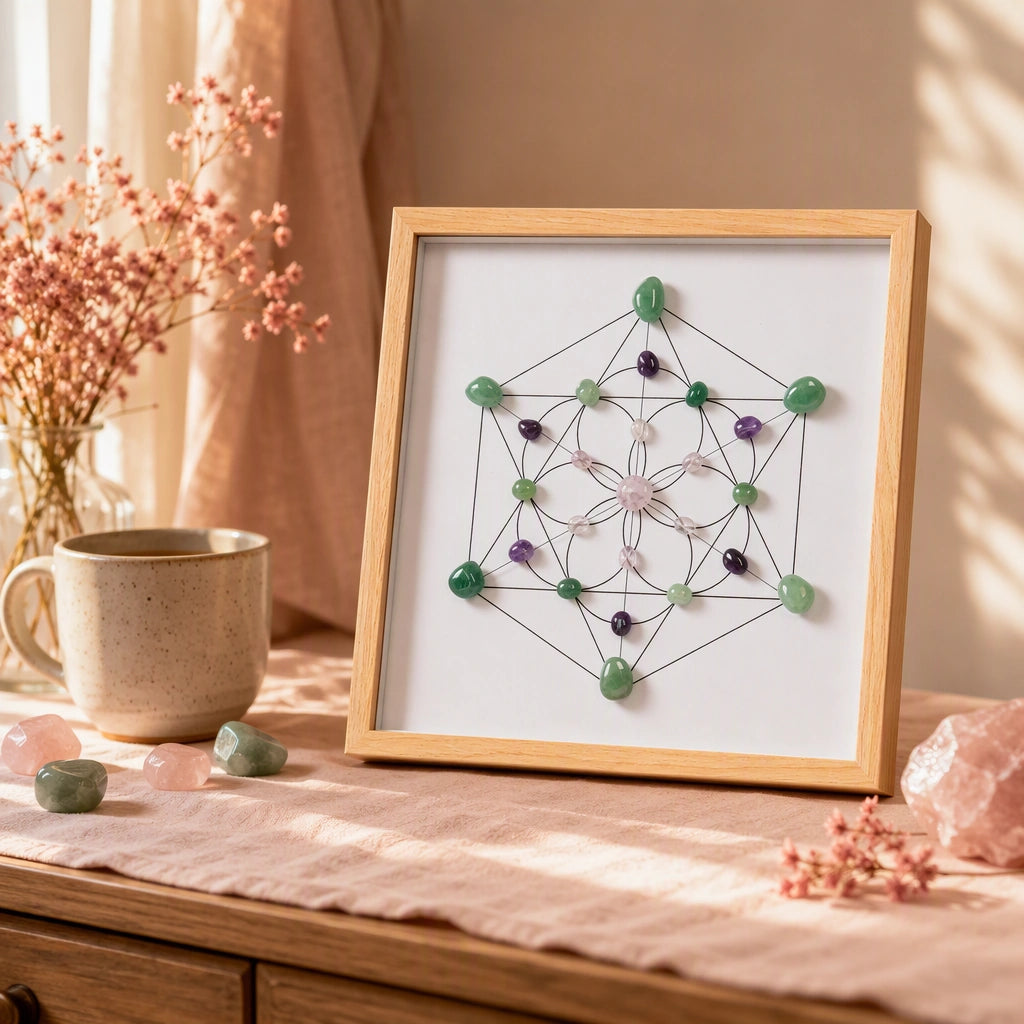 Close-up of the harmony grid crystal arrangement and textured wood-style frame